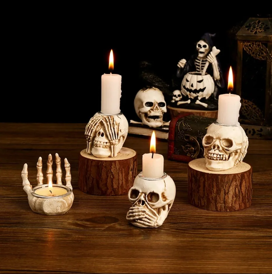 Spooky Skull Candle Holder Set for Halloween Decor