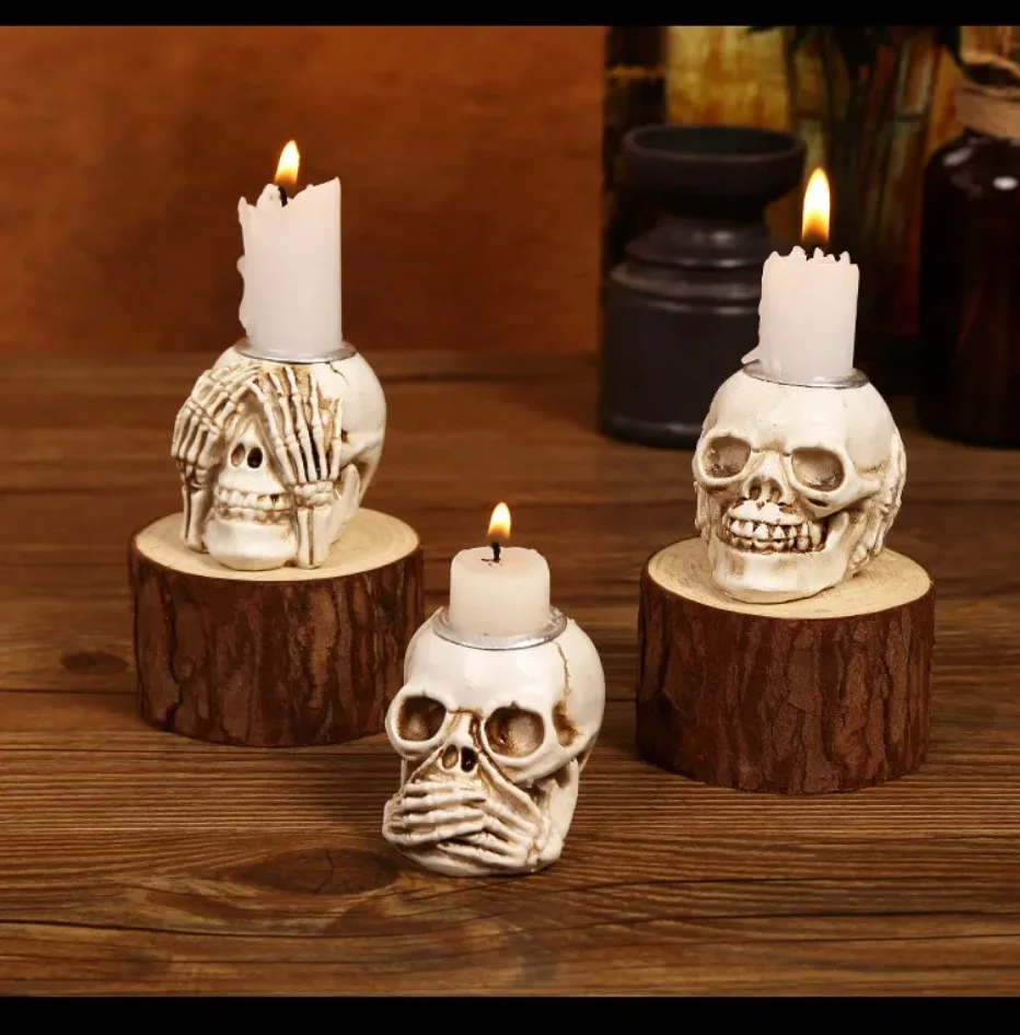 Spooky Skull Candle Holder Set for Halloween Decor
