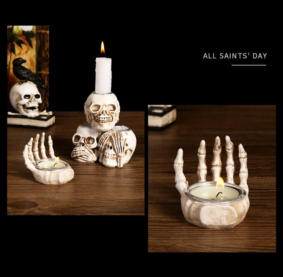 Spooky Skull Candle Holder Set for Halloween Decor